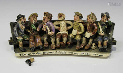 A Runnaford pottery Widdecombe Fair figure group, modelled by Will Young, as seven named figures