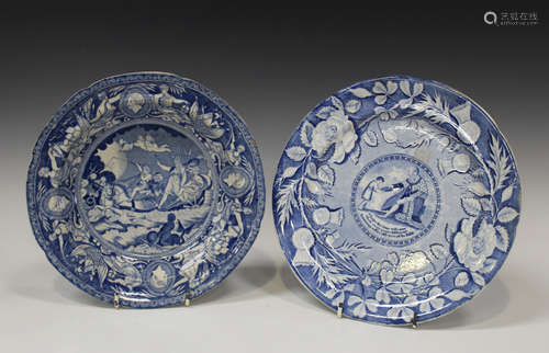 A pearlware commemorative memorium plate, circa 1820, blue printed with an inscribed circular