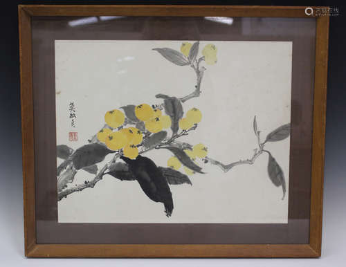 A Chinese watercolour painting, 20th century, depicting a fruiting persimmon branch, black signature