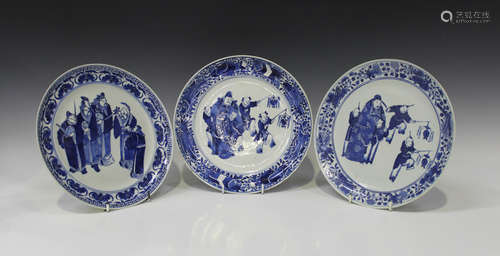 A group of three Chinese blue and white porcelain plates, mid to late 19th century, each painted