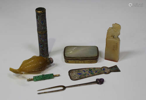 A small group of Chinese collectors' items, 19th century and later, including a brass rectangular