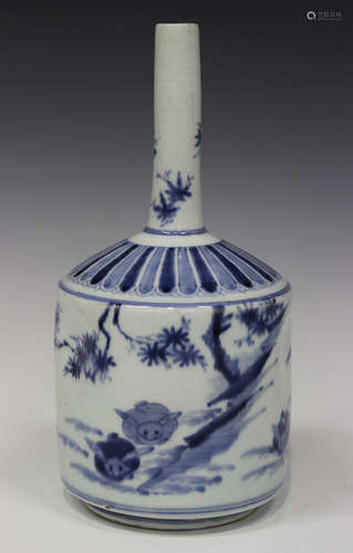 A Japanese Hirado blue and white porcelain sake bottle (tokkuri), Meiji period, the dimpled