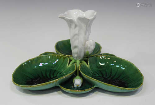 A Minton majolica waterlily form flower centrepiece, circa 1869, modelled as three lily pads