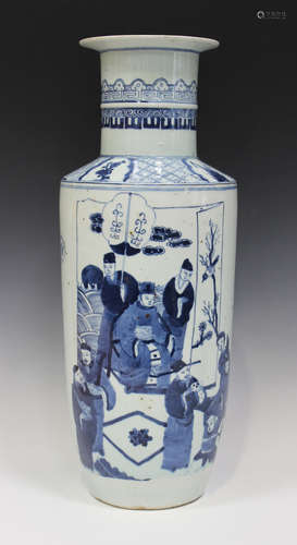 A Chinese blue and white porcelain rouleau vase, 20th century, the body painted with figures and