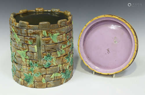 A George Jones majolica castle cheese dome and matched stand, circa 1880, the cylindrical dome