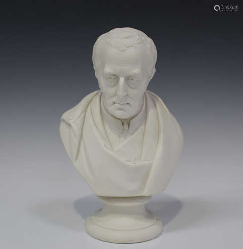 A Parian bust of the Duke of Wellington, circa 1852, modelled by Joseph Pitts, raised on a socle