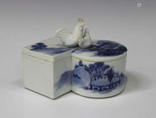 A Japanese Hirado blue and white porcelain box and cover, Meiji period, with cockerel and hen