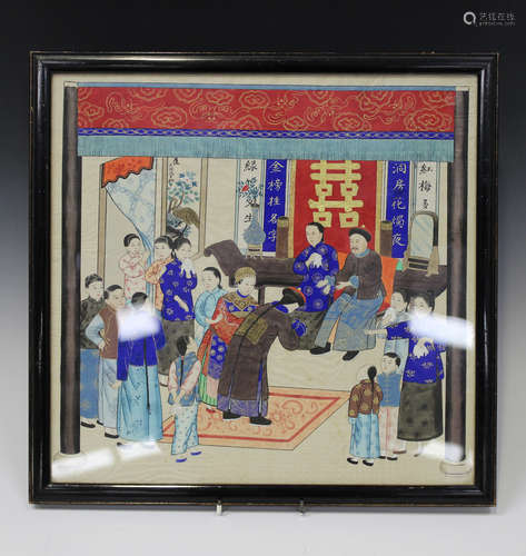 A Chinese export watercolour on silk, late Qing dynasty, depicting an interior scene of figures