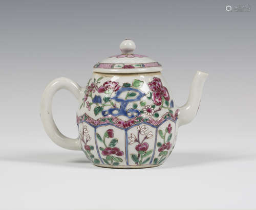 A Chinese famille rose export porcelain teapot and cover, Yongzheng period, the ovoid body enamelled