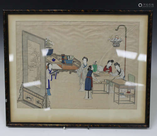 A Chinese export watercolour on silk, Qing dynasty, depicting four female scroll painters and an