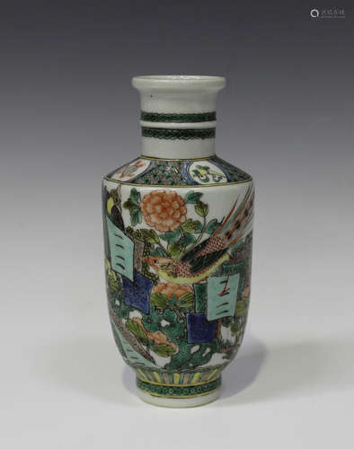 A Chinese famille verte porcelain rouleau vase, mark of Kangxi but early 20th century, the body