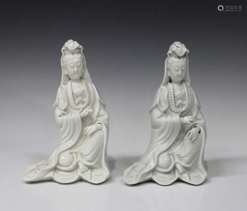 Two Chinese blanc-de-Chine porcelain figures of Guanyin, Kangxi period, each modelled in a seated