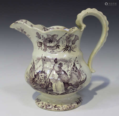 A Staffordshire pottery Union Reform commemorative jug, circa 1832, puce printed with Britannia, a