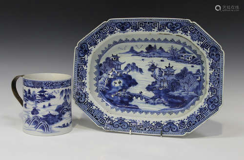 A Chinese blue and white export porcelain meat dish, Qianlong period, painted with figures, trees