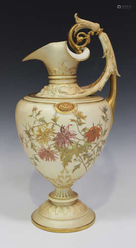 A large Royal Worcester porcelain blush ivory ground ewer, circa 1892, the shield shaped body