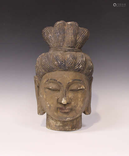 A Chinese Ming style carved and painted wood Guanyin head, height 39cm.Buyer’s Premium 29.4% (