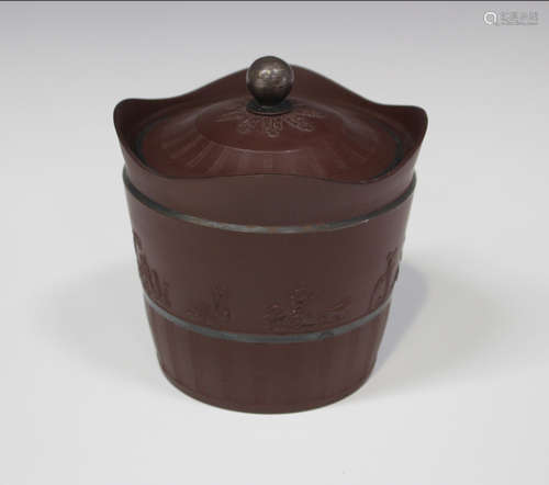 A rare brown jasperware commemorative circular pot and cover, circa 1800, probably by Turner,