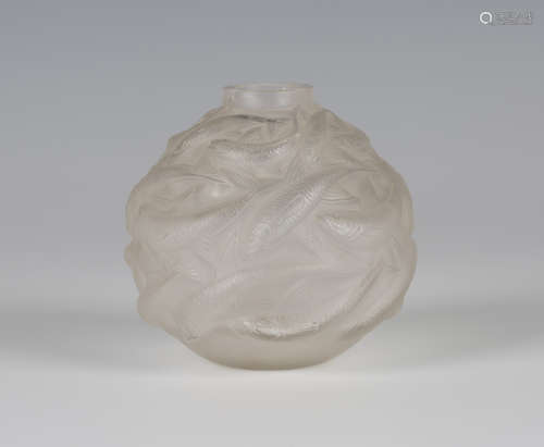 An Art Deco Lalique Oleron pattern frosted glass vase, circa 1930, the bulbous body relief moulded