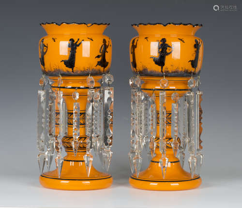 A pair of Czechoslovakian Loetz style orange glass lustres, circa 1900, the bulbous tops with shaped