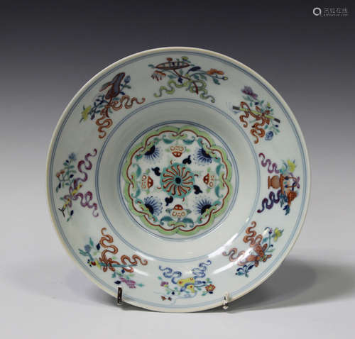 A Chinese doucai porcelain saucer dish, mark of Qianlong but later, the interior painted in