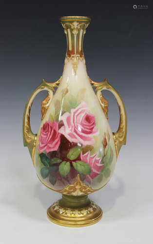 A Royal Worcester porcelain two-handled vase, circa 1924, by A. Shuch, signed, painted with pink