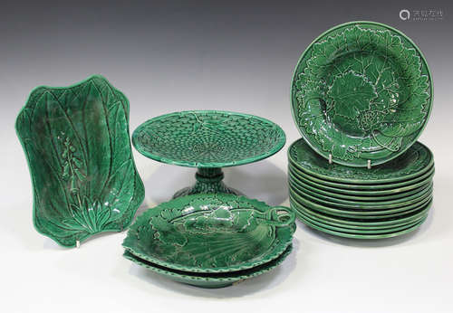 A mixed group of Staffordshire green glazed leaf moulded wares, late 19th century, including a set