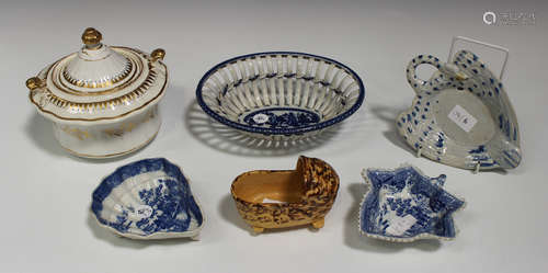 Two pearlware blue printed dishes, early 19th century, the first of leaf shape, length 13cm, the