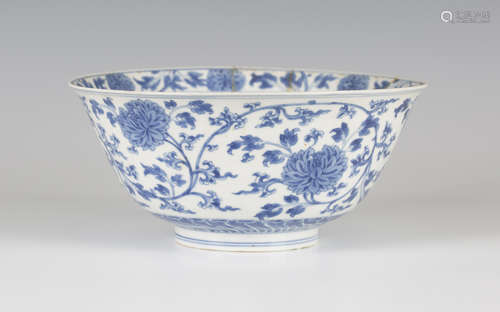 A Chinese blue and white porcelain bowl, mark of Chenghua but Kangxi period, of slightly flared