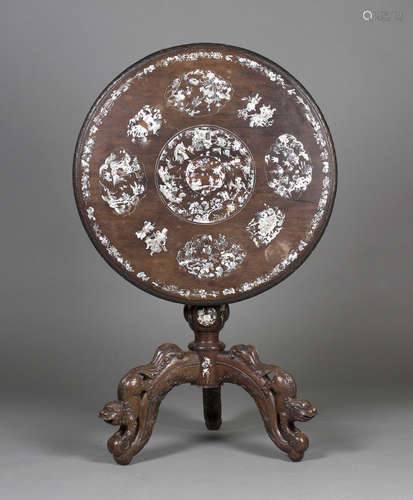 A Chinese mother-of-pearl inlaid hardwood tip-top wine table, late Qing dynasty, the circular top