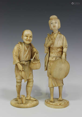 Two Japanese carved sectional ivory okimono figures, Meiji period, one modelled as a lady carrying a