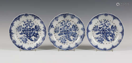 A set of three Chinese blue and white Worcester style export porcelain strainer dishes, late