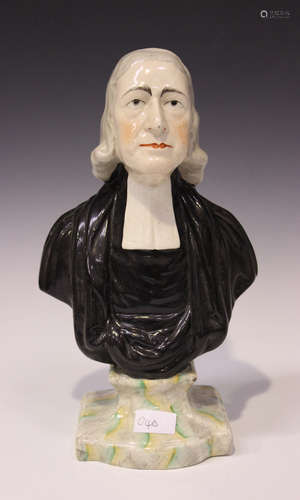 A Staffordshire pottery portrait bust of John Wesley, mid-19th century, after a model by Enoch Wood,