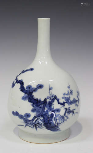 A Japanese Hirado blue and white porcelain sake bottle (tokkuri), Meiji period, the dimpled body