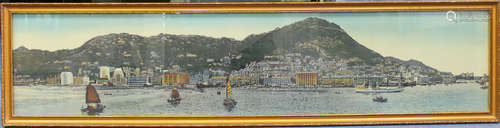 A Chinese silk woven panel, mid-20th century, depicting a scene of Hong Kong Harbour, 25cm x