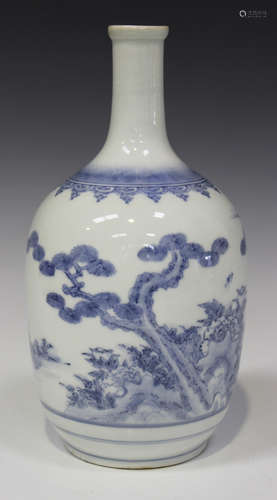 A Japanese Hirado blue and white porcelain sake bottle (tokkuri), Meiji period, the ovoid body