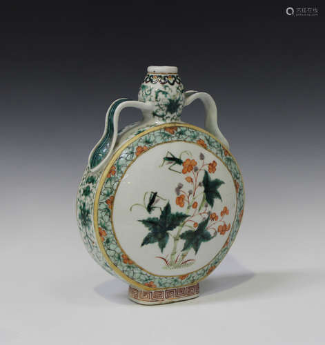 A Chinese famille verte porcelain moon flask, late 19th century, the swollen circular body painted