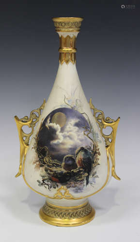 A Royal Worcester porcelain two-handled ivory ground vase, circa 1886, the pear shaped body