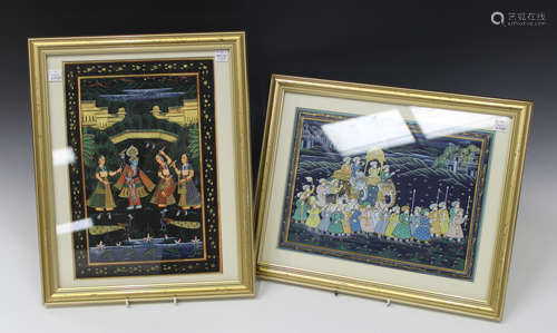 An Indian Mughal school watercolour and gouache painting, 20th century, depicting a procession of