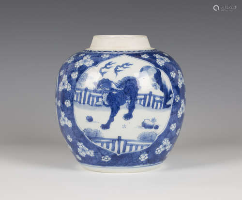 A Chinese blue and white porcelain ginger jar, Kangxi period, the stout ovoid body painted with