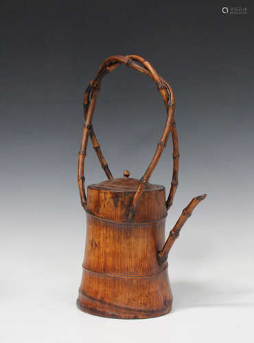 A Chinese bamboo teapot and cover, late Qing dynasty, with applied bamboo spout and entwined