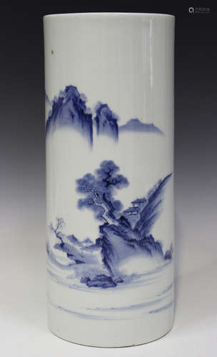 A Japanese Hirado blue and white porcelain cylinder vase, late Edo period, painted with pavilions