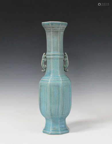 A Chinese turquoise crackle glazed pottery vase, early 20th century, of octagonal baluster form with