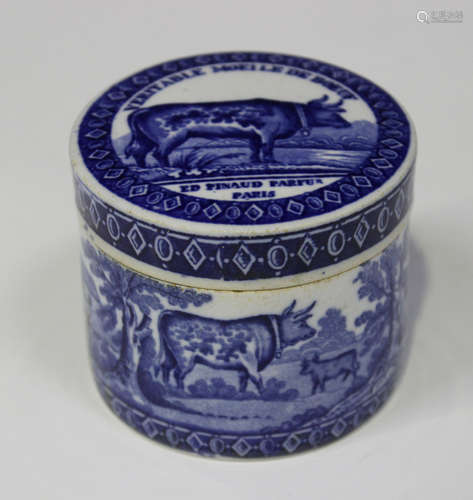 A French pottery blue printed pot lid and base, 19th century, the lid detailed 'Veritable Moelle