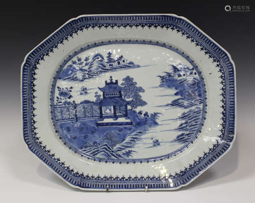 A Chinese blue and white export porcelain meat dish, late Qianlong period, painted with pavilions,