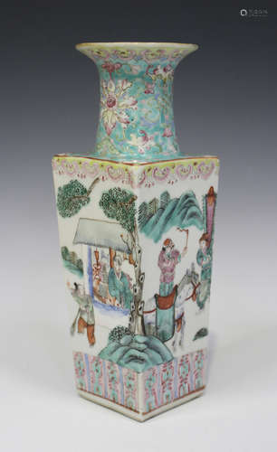 A Chinese famille rose porcelain vase, late 19th century, the square tapering body painted with a