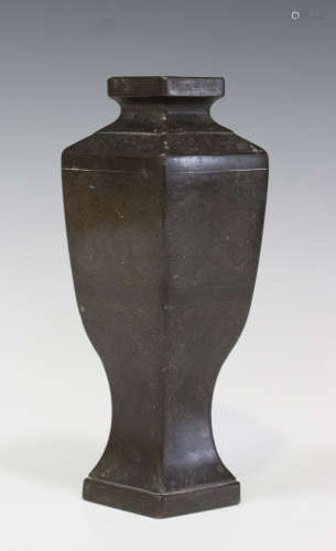 A Chinese wire inlaid bronze scholar's table vase, Qing dynasty, of upright baluster form and
