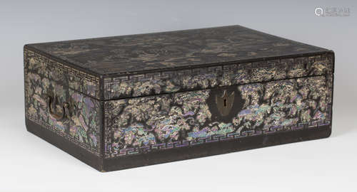 A Chinese Canton mother-of-pearl inlaid export lacquer rectangular work box, early 19th century, the