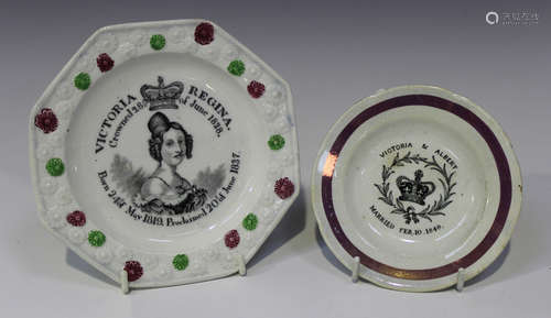 A pearlware Victoria Regina commemorative coronation octagonal nursery plate, circa 1838, black