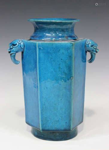 A Chinese turquoise enamelled biscuit porcelain vase, 18th century, of hexagonal form with moulded