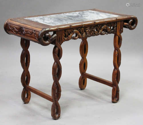 A Chinese hardwood altar table, early 20th century, the rectangular top inset with a grey marble